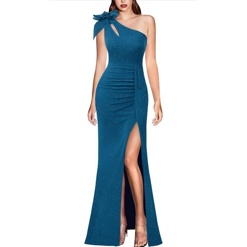 NEW Teal 3D Flower 1 Shoulder Ruched Prom Formal Maxi Dress S